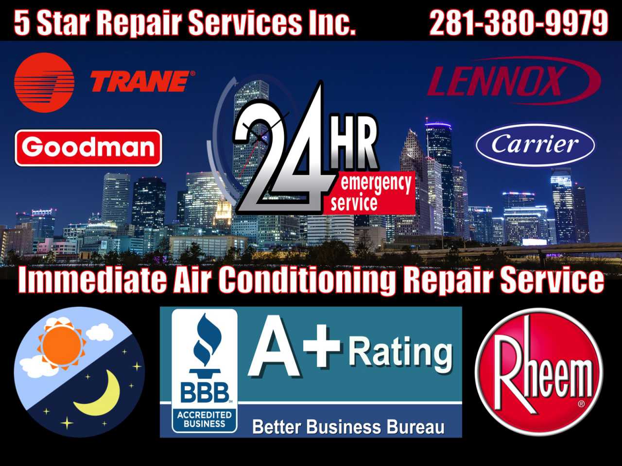 24 Hour Emergency Air Conditioning AC HVAC Furnace Condition Repair Service Cypress 77410 77429 77433 77575 Central Cooling Unit System Duct Cleaning Maintenance
